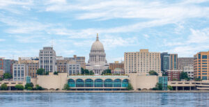 Madison Wisconsin city skyline over Lake Monona