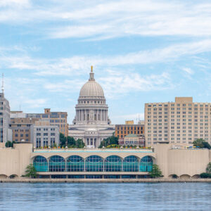 Madison Wisconsin city skyline over Lake Monona