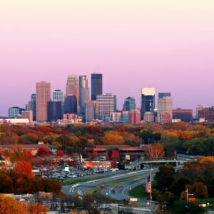 Minneapolis Skyline during Autumn at Sunset from Plymouth, Minnesota