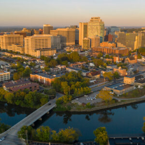 Saturated early morning light hits the buildings and architecture of downtown Wilmington Delaware